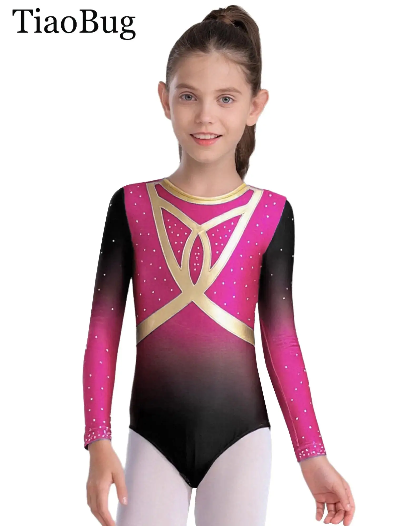 

Kids Girls Gymnastics Ballet Leotard Figure Skating Round Neck Long Sleeve Shiny Rhinestones Performance Bodysuit