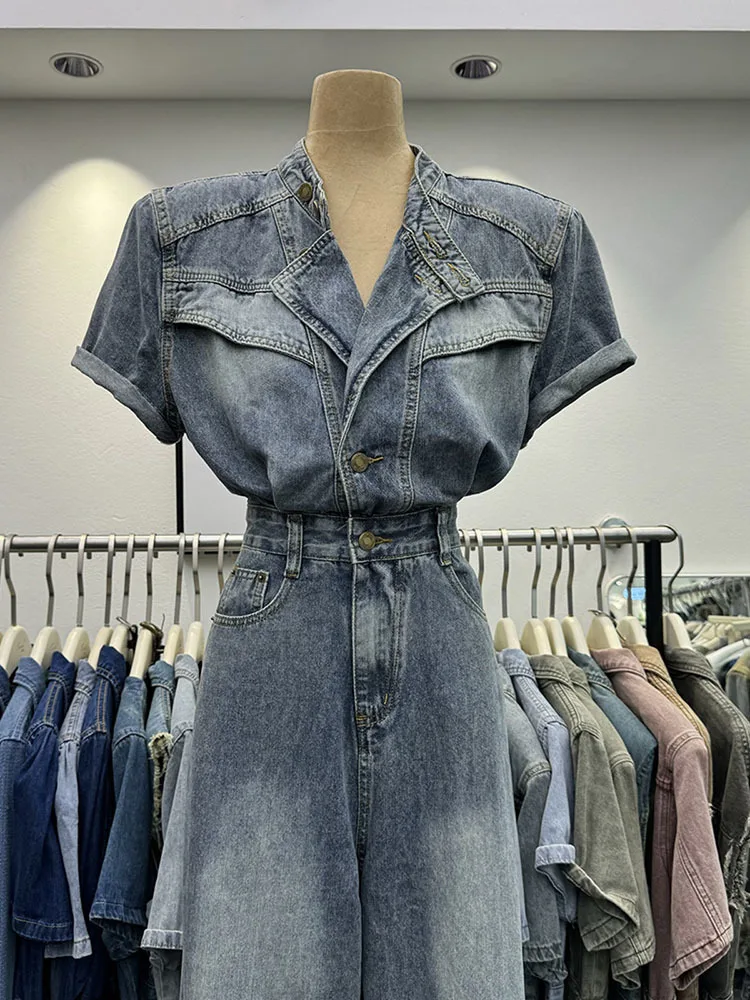 Summer Denim Overalls Short Sleeve Jumpsuit Women Vintage Streetwear Hip Hop Loose Wide Leg One Piece Long Sets Jeans Romper