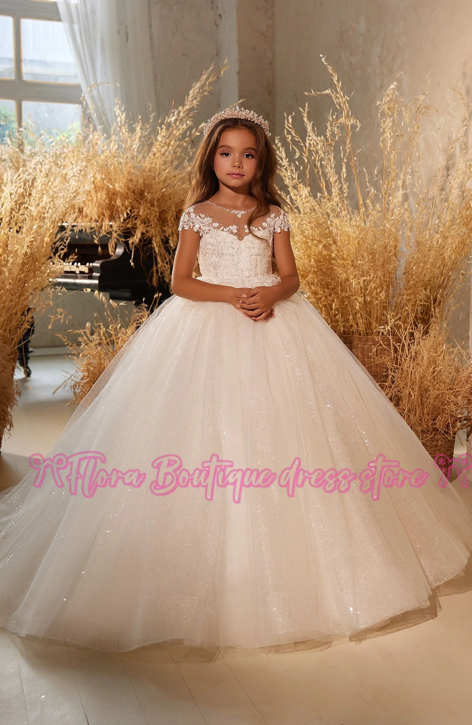 فساتين فتاة الزهور المخصصة لحفلات الزفاف مطرز بالخرز للأطفال فساتين حفلات أعياد الميلاد ترتر طول الأرض للأطفال فستان التواصل الأول