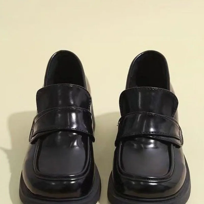 

Черные женские лоферы, мягкая подошва, осенний круглый носок, толстая подошва, британский стиль, маленькие кожаные туфли, женская обувь большого размера