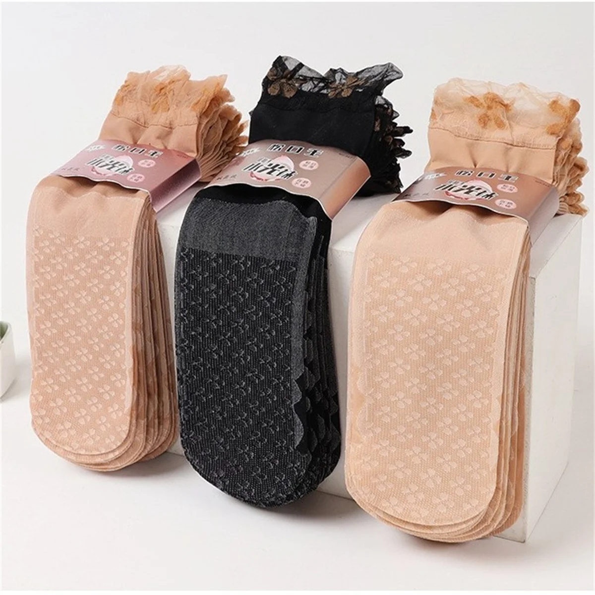

10pcs women's short stockings loose lace lace toe reinforcement sweat-absorbent non-slip cotton bottom four-leaf clover stocking