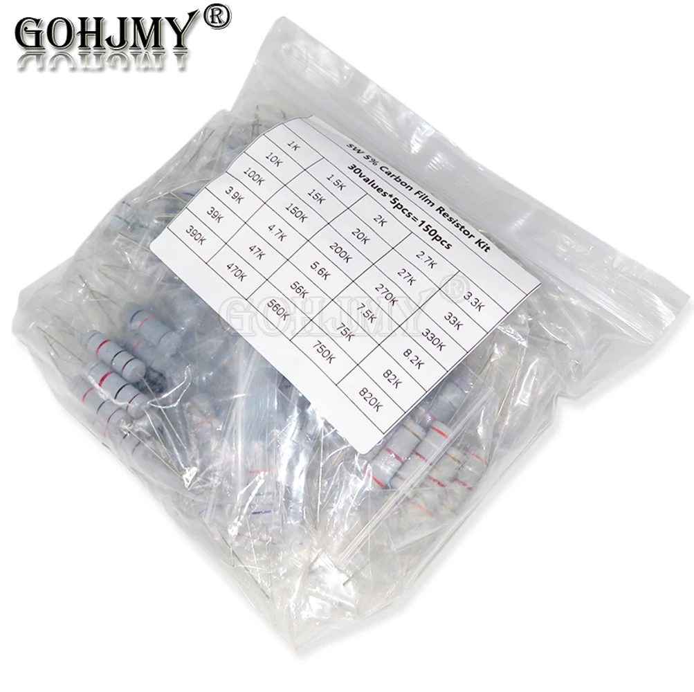 

150PCS 0.1~750R 1K~820K 5W Carbon Film Resistor Rang Assortment Kit 5% Set Resistors Kit ohm Color Ring Resistance 100R 200R 1K