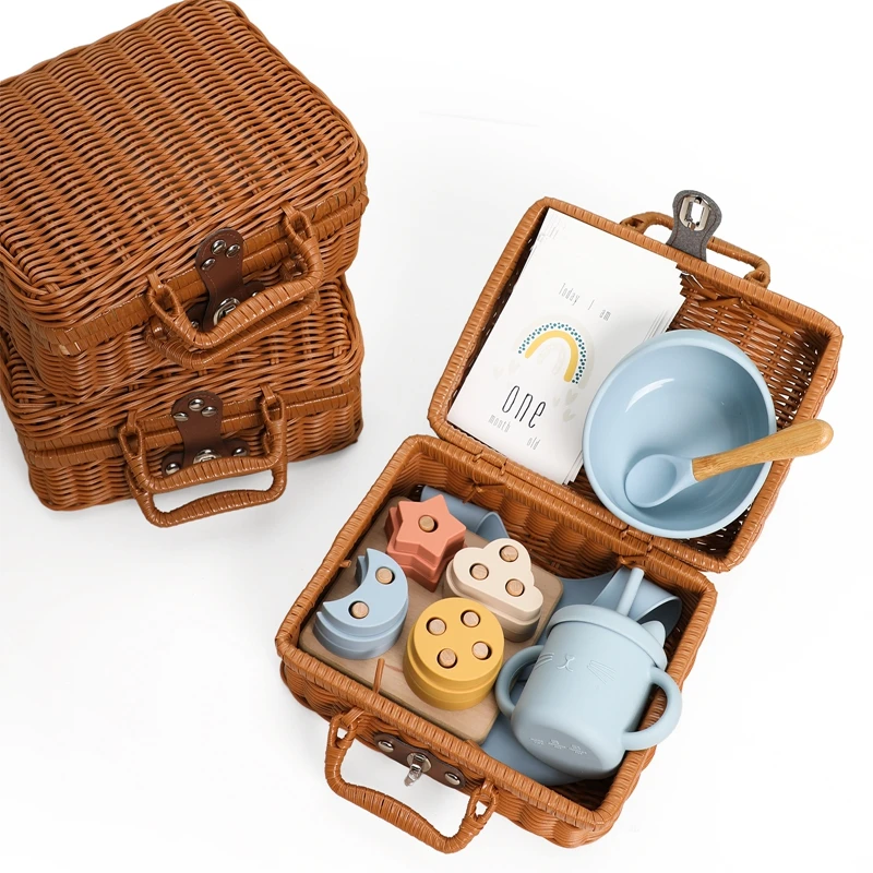 Kids Birth Vintage Dishes Gift Box Baby Food Feeding Tableware Bowl Cup Bib Spoon Set Wooden Stacking Puzzle Montessori Toy Set