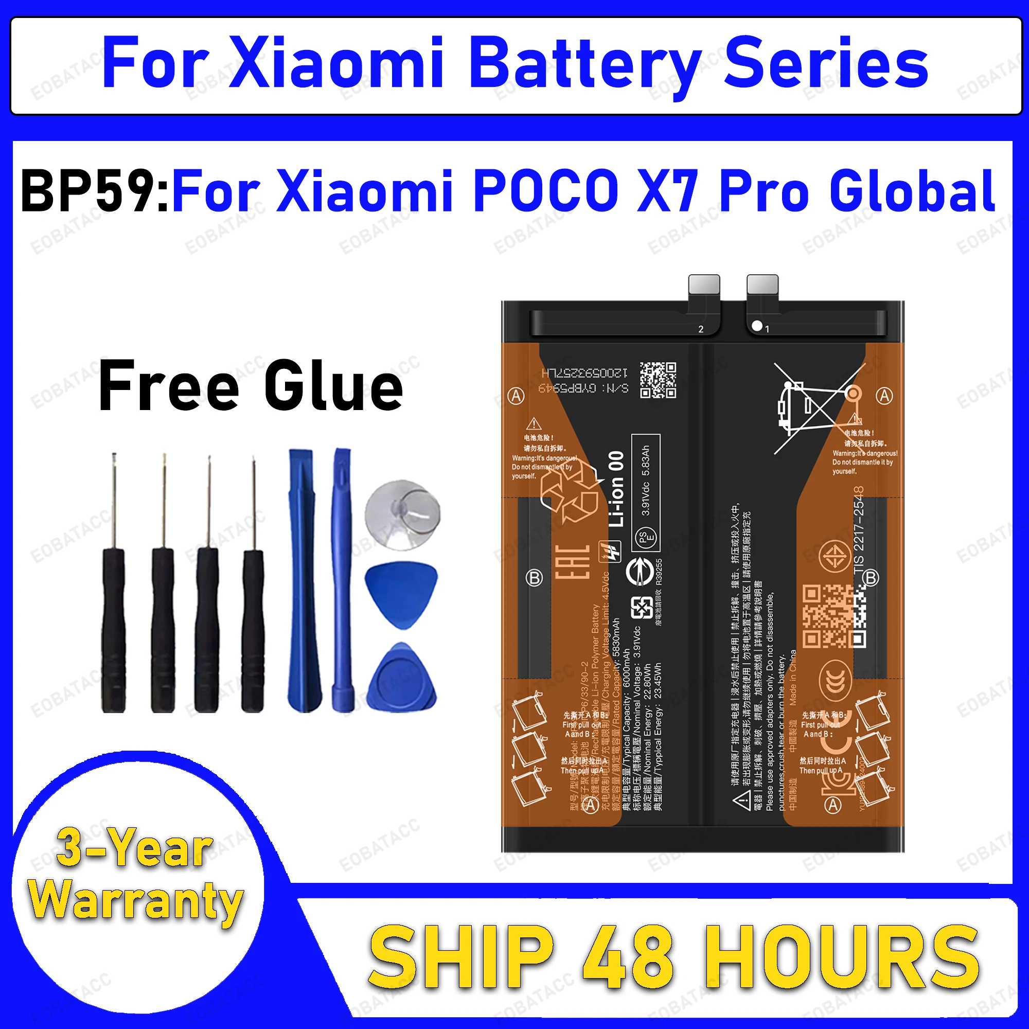 6000mAh BP59 Replacement Battery for Xiaomi POCO X7 Pro Global battery Repair Tools Kit