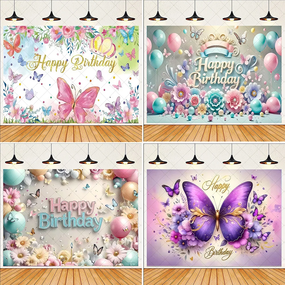 

Cartoon Pink Purple Butterfly Flower Party Decoration Girl Birthday Backdrop Background Baby Shower Supplies Banner Photo Gifts