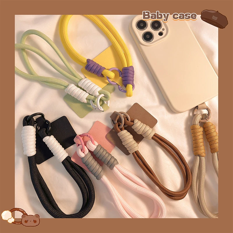 1pc Braid Mobile Phone Lanyard Fashion Solid Color Anti-loss Short Wrist Band Pendant Hanging Strap Rope W/Spacer