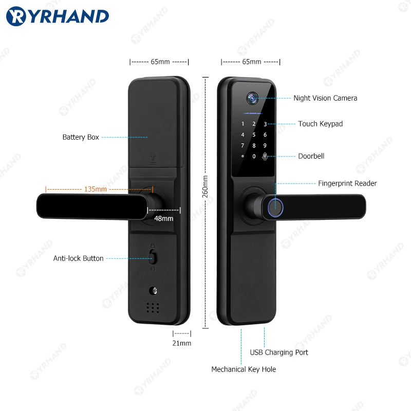 YRHAND Tuya Wifi fechadura eletronica digital Smart Door Lock With Biometric Camera Fingerprint Smart Card Password For home