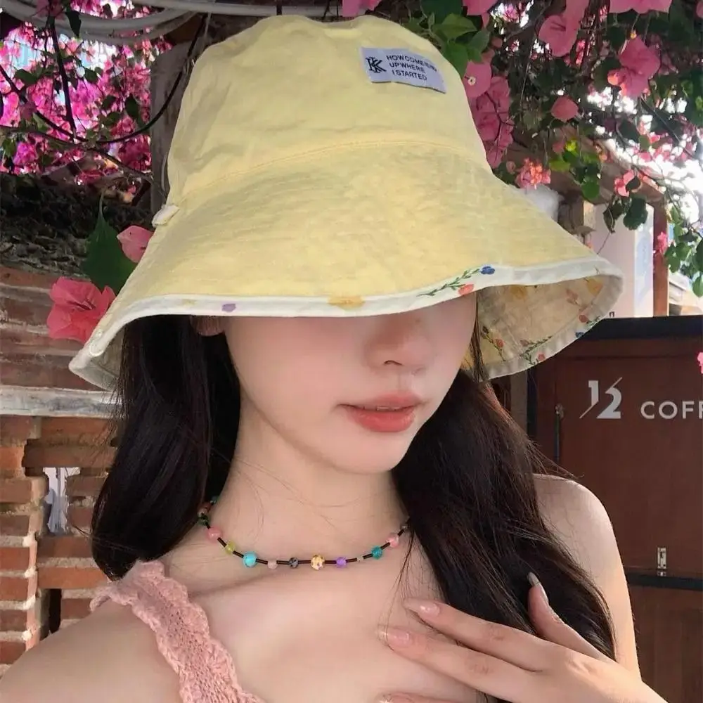 

Floral Print Panama Bucket Hats Reversible Double Sided Women Fisherman Hat Large Brim Cute Sweet Summer Sun Hats Basin Caps