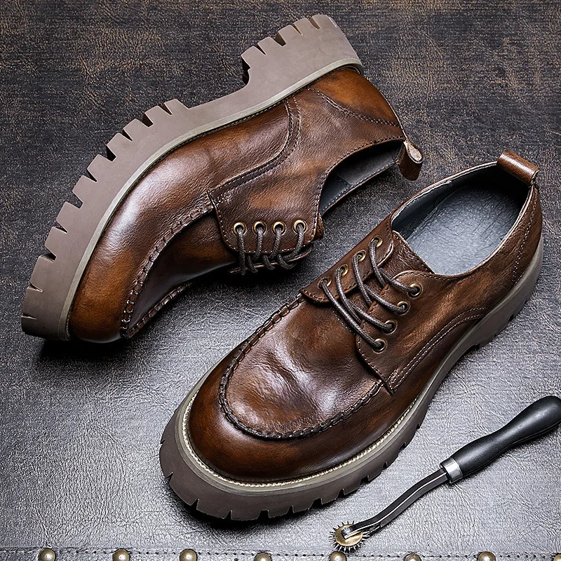 New Men Shoes Genuine Leather Round Toe Thick Sole Lace Up British Business Dress Work Casual Leather Shoes Male Formal Brown