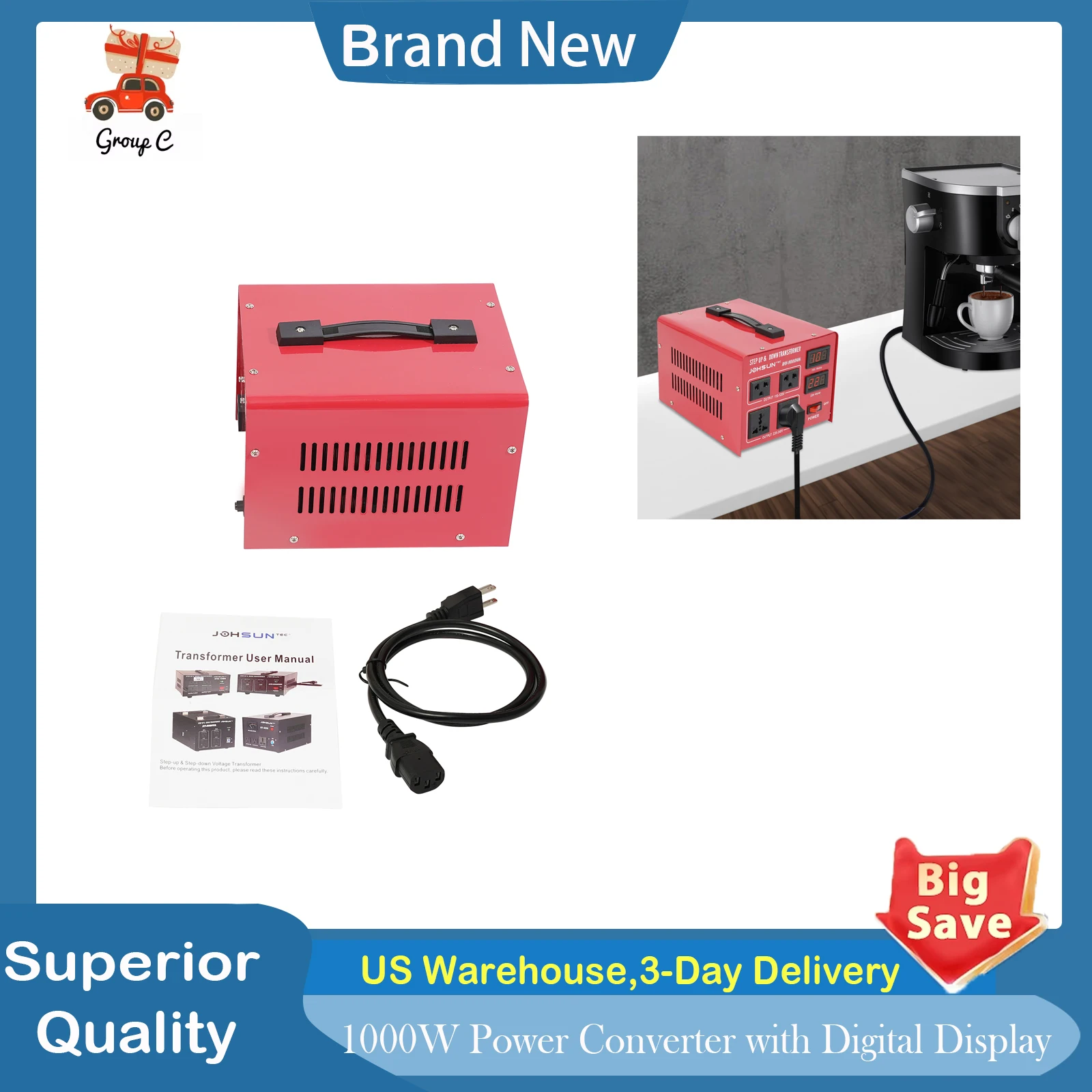 

Voltage Converter Transformer, 1000W Power Converter with Digital Display for Laptop, Hair Dryer, and Electronics