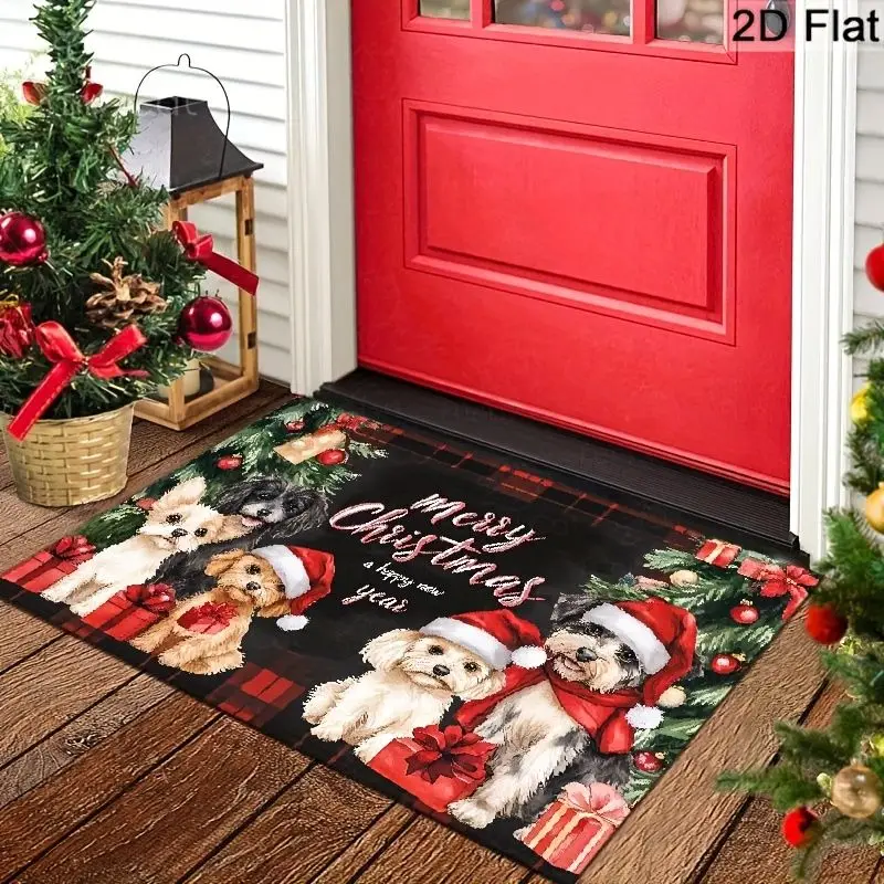 VIKAMA Merry Christmas Dog Door Mat Puppies Print Non Slip Rug For Entryway Front Door Indoor Outdoor Decor