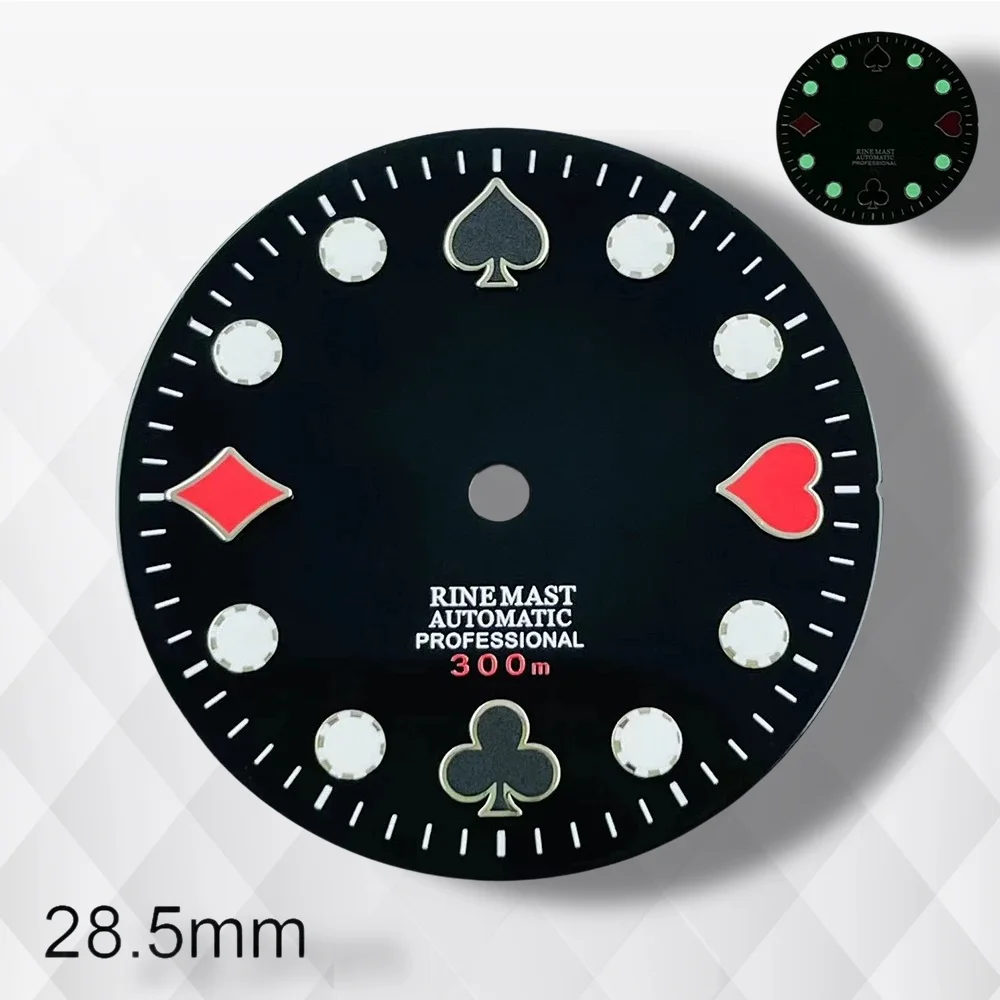 28.5mm S 로고 포커 다이얼 NH35/NH36/4R/7S 일본 무브먼트 녹색 빛나는 고품질 다이얼 시계 수정 액세서리