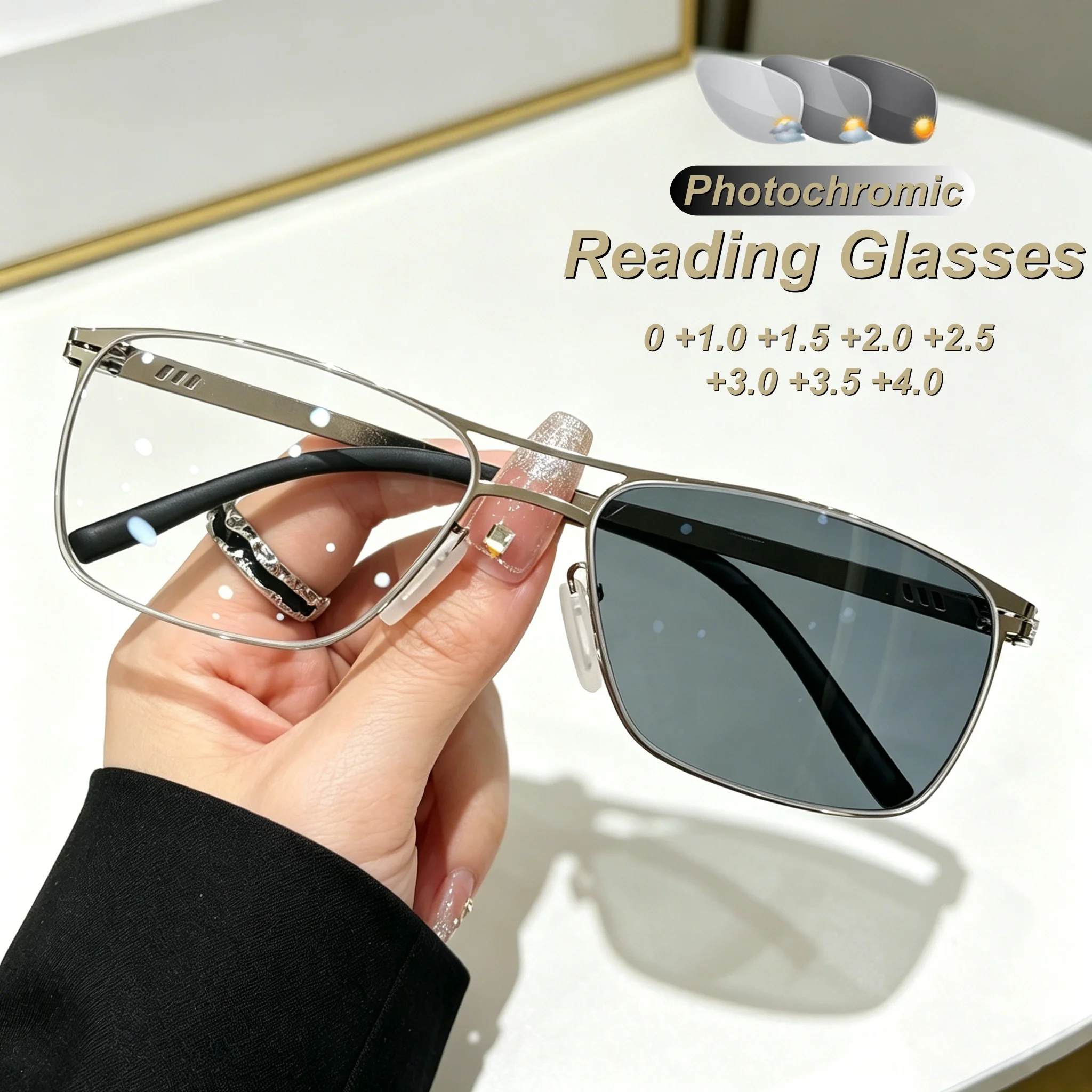 

Fashionable and Personalized Metal Frame Photochromic Women's Reading Glasses Ultra Light Neutral Anti Blue Light Glasses