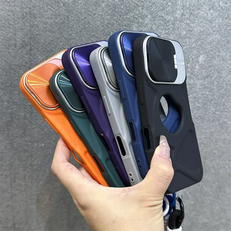 Fold Camera Protection Lens Stand Holder Soft Case For iPhone 16 15 14 13 12 11 Pro Max Wrist Strap Silicone Shockproof Cover