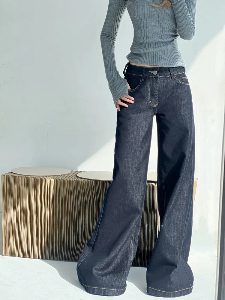 Calça jeans feminina solta, cintura baixa, perna larga, vintage, azul profundo, drapeada, motonável, sino bot