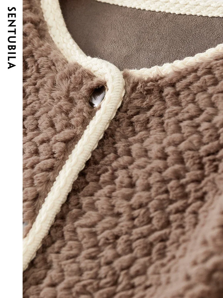 SENTUBILA 冬ふわふわフェイクファージャケット女性 2025 エレガントな暖かい粒状ベルベットの上着オフィスレディ女性コート W44P58518X