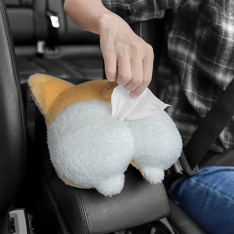 Niedliche Cartoon-Corgi-Po Auto-Taschentuchbox, Hängender Kreativer Auto-Serviettenhalter für Fahrzeuginnenraum