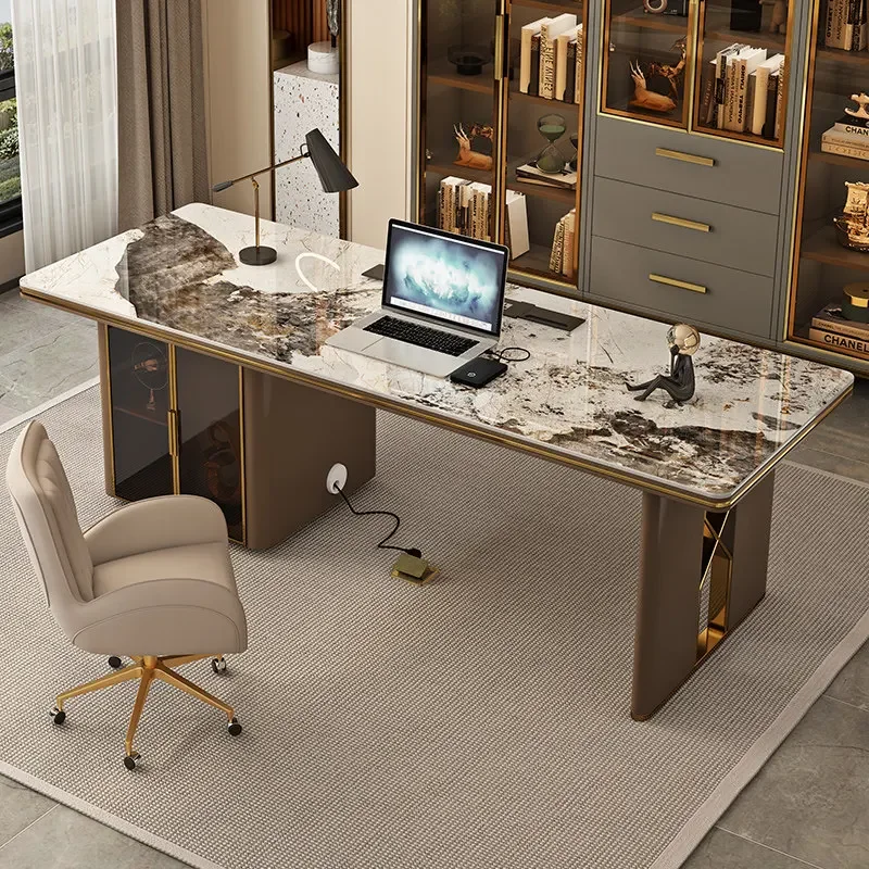 Premium Rock Slab Executive Computer Desk Gold Metal Frame Storage Cabinet Base Workstation for Consultation Room & Master Study