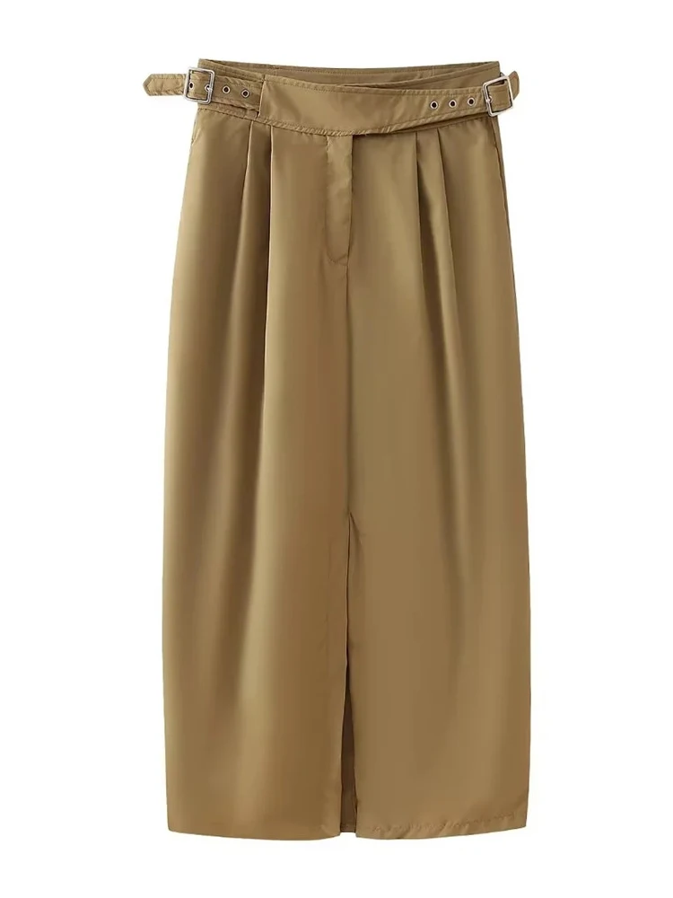 

Chic Lady Summer Fashion Side Belt Decoration Khaki Long Skirts Womens 2024 Spring Casual Straight Solid Midi Skirt Femme