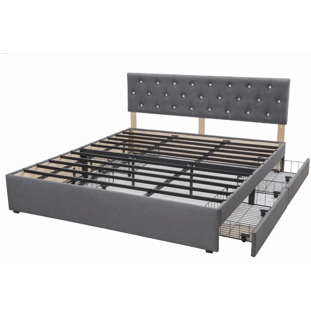إطار سرير رمادي من قماش الكتان البانانا مع لوح رأسي كريستالي، 4 أدراج تخزين، دعم شرائح معدنية، لا حاجة إلى صندوق زنبركي (King (U)