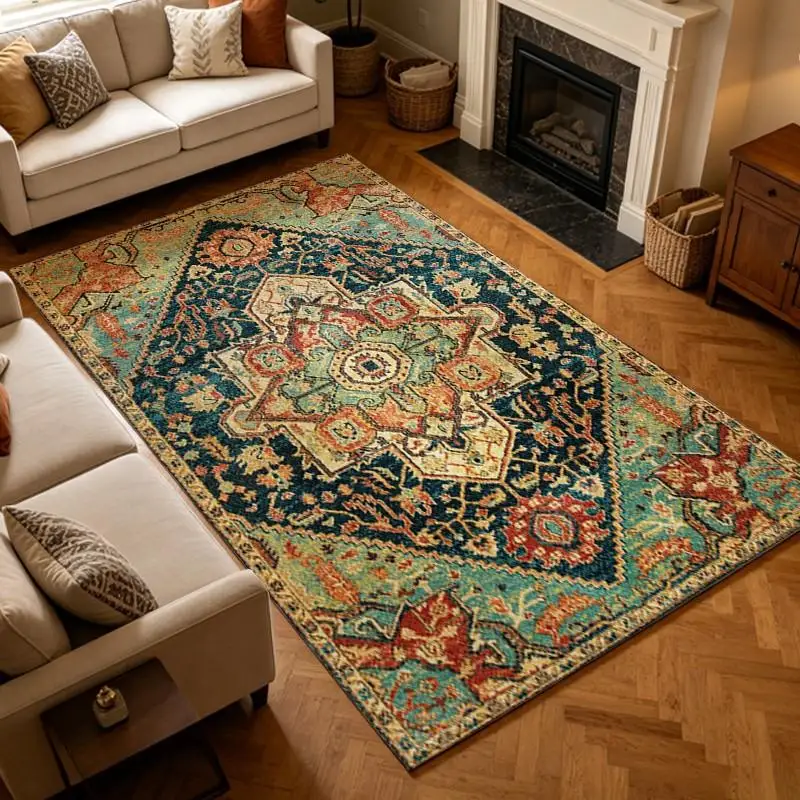 Antique Oriental Distressed Diamond Carpet Flooring, Retro Traditional Square Rug for Home Styling