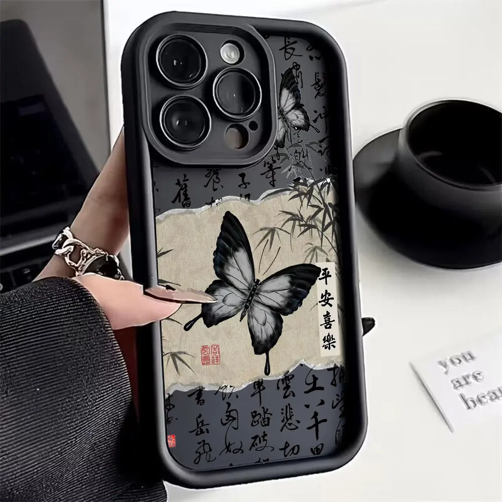 Luxury Retro Black Butterfly Phone Case for OPPO Realme 12 8 8i 7i 11 C11 C12 C15 C20 C21Y C33 C35 C53 C55 C63 C65 4G 5G Cover