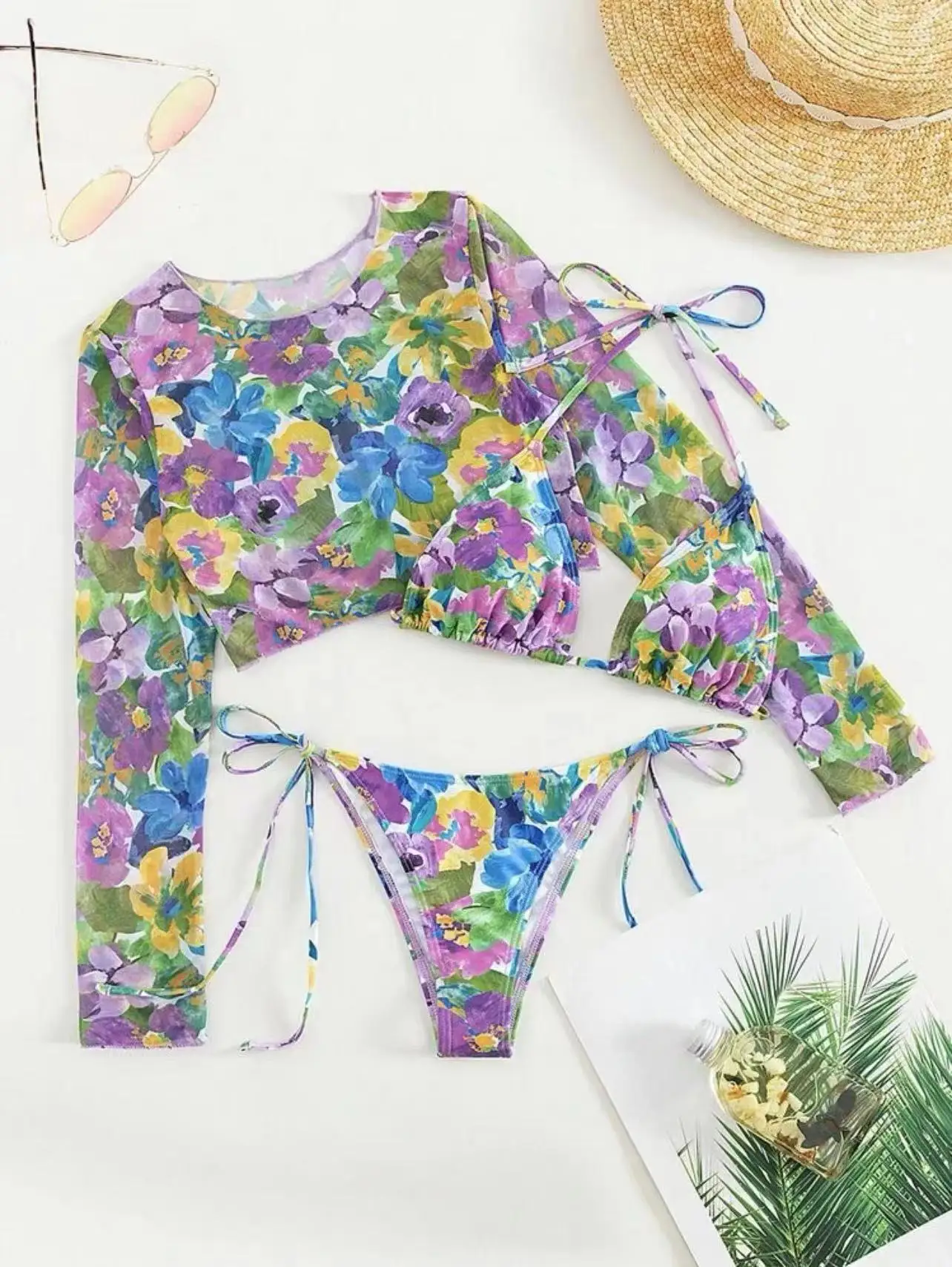 

sexy purple flower print bikinis sets 3pcs halter tie swimsuits with long sleeve smock crop top beachwear bathing suit swimwear