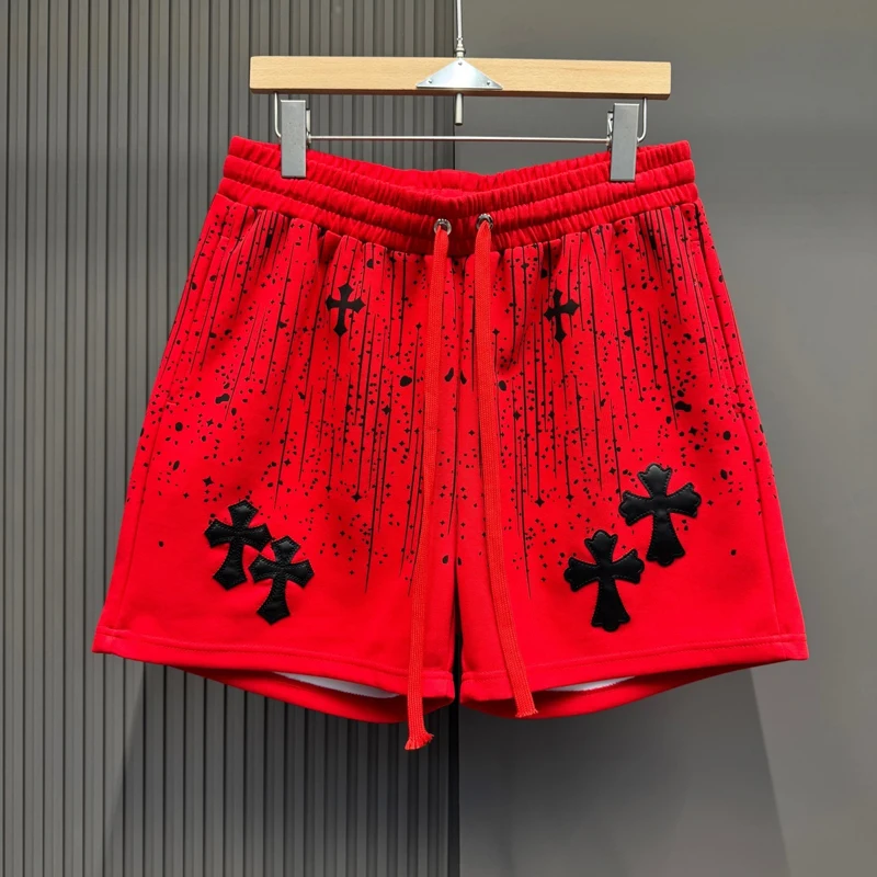 

Embroidery Cross Leather Patch Label Meteor Shower Print Shorts Men Women Vintage Streetwear Casual Loose Straight Shortpants