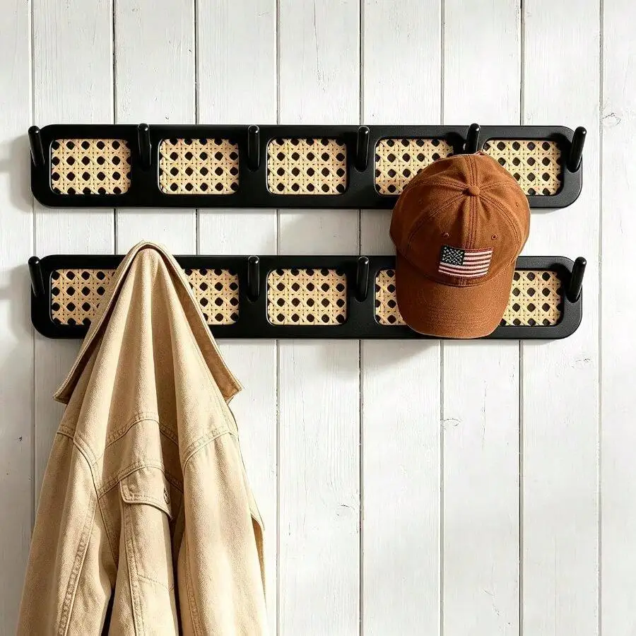 NEW2026 Wall Mount Coat Rack, 17in Sturdy Modern Rattan Hooks Set Of 2