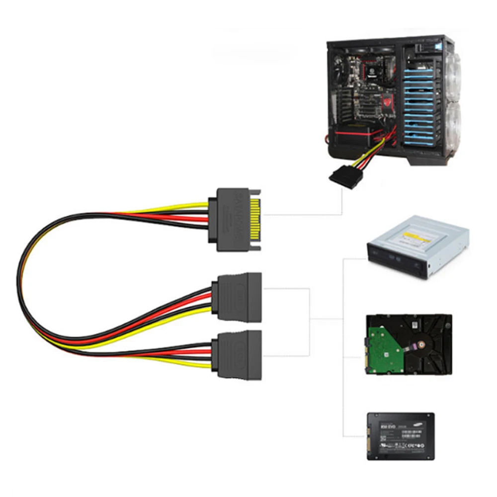 SATA 15pin Male to 2 x SATA 15pin Female Hard Disk Power Cable Serial ATA Y Splitter Dual Extension Cord Adapter Connector