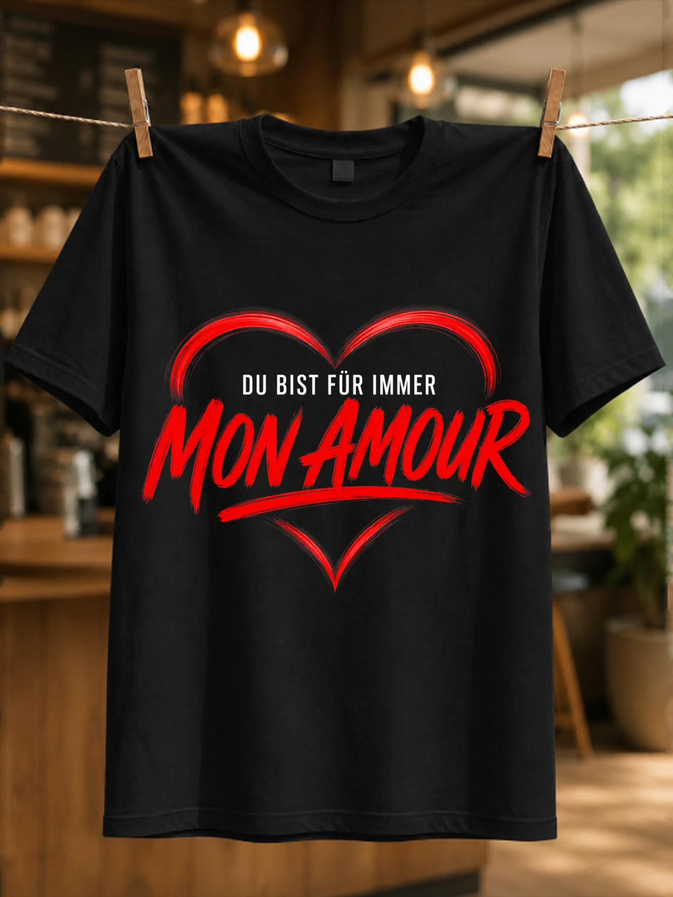 Футболка унисекс с романтическим принтом Du Bist Fur Immer Mon Amour Red Heart Brush Stroke с немецко-французской надписью Love Lettering