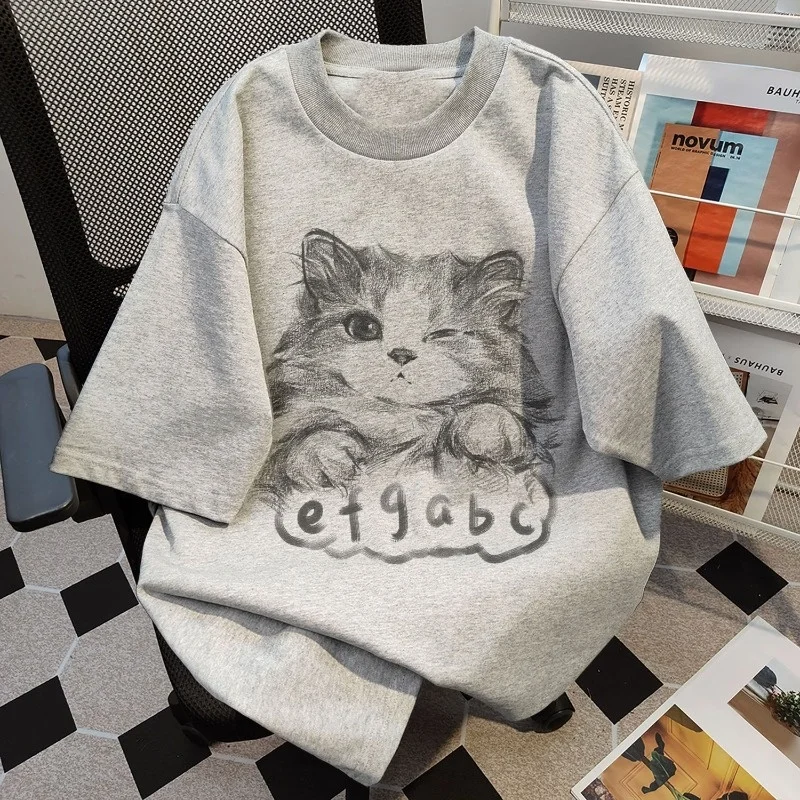 

American Subculture Cat Graffiti Print T-shirts Harajuku Grey Cotton Retro Short-sleeve Tees Women's Loose All-match Casual Tops