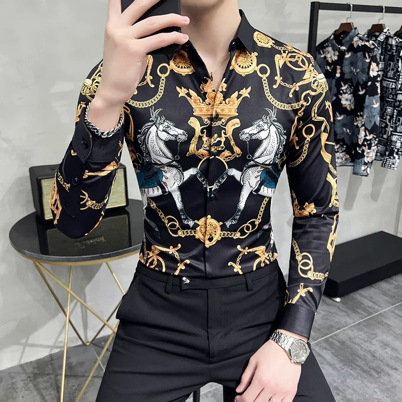 

Luxury Crown Paisley Camisa Masculina Spring Autumn Slim Fit Long Sleeve Mens Fashion Shirt Club Prom Designer Shirts For Men