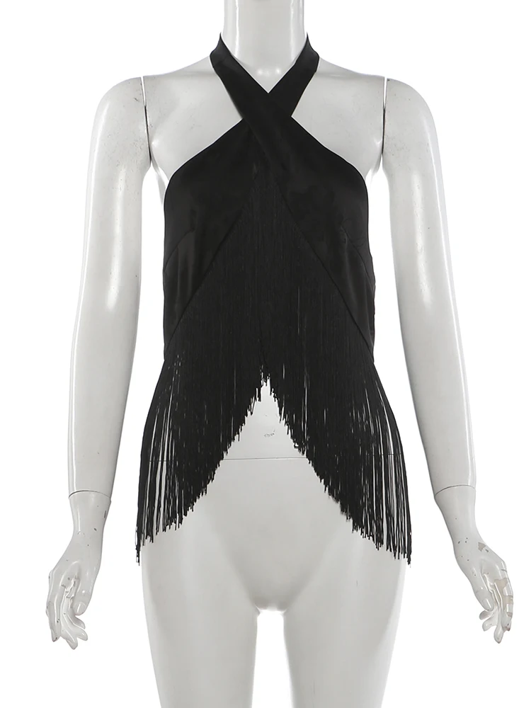 Weird Puss Weste mit unregelmäßigem Fransenabschluss, Damen, Knopfleiste, Neckholder, rückenfrei, für Musikfestivals, sexy, Midnight-Hip-Hop-Stil, Hottie-Tops – Detail 8