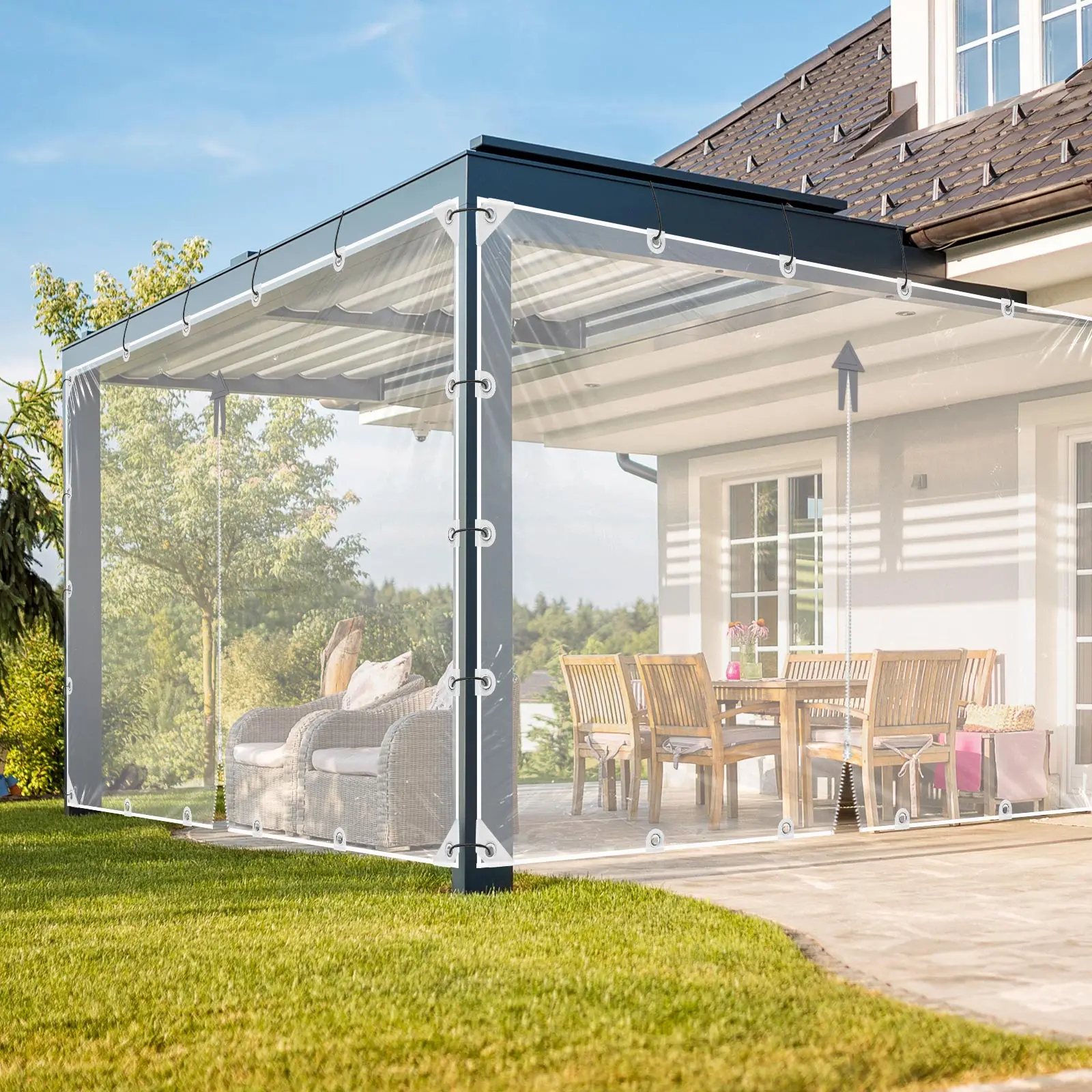 Verbesserte transparente Plane mit Reißverschluss-Ösenverstärkungen, wasserdichte, robuste Plane, PVC-Vorhang für den Außenbereich für Grden Garage