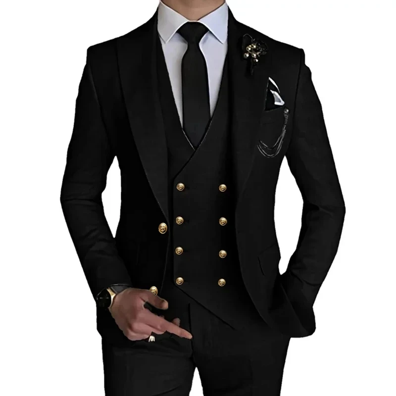 3 Pcs Set Dress Blazers Jacket Vest Pants / 2024 Fashion New Men Metal Button Stretch Fabric Casual Business Slim Fit Suit Coat