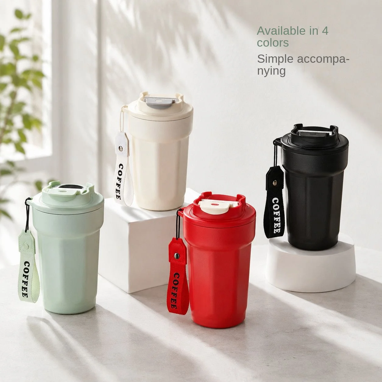 480ml 316 Stainless‑Steel Insulated Coffee Mug Portable Lanyard Leak‑proof Flip‑Top Lid Vacuum Thermal Water Bottle Travel Offic