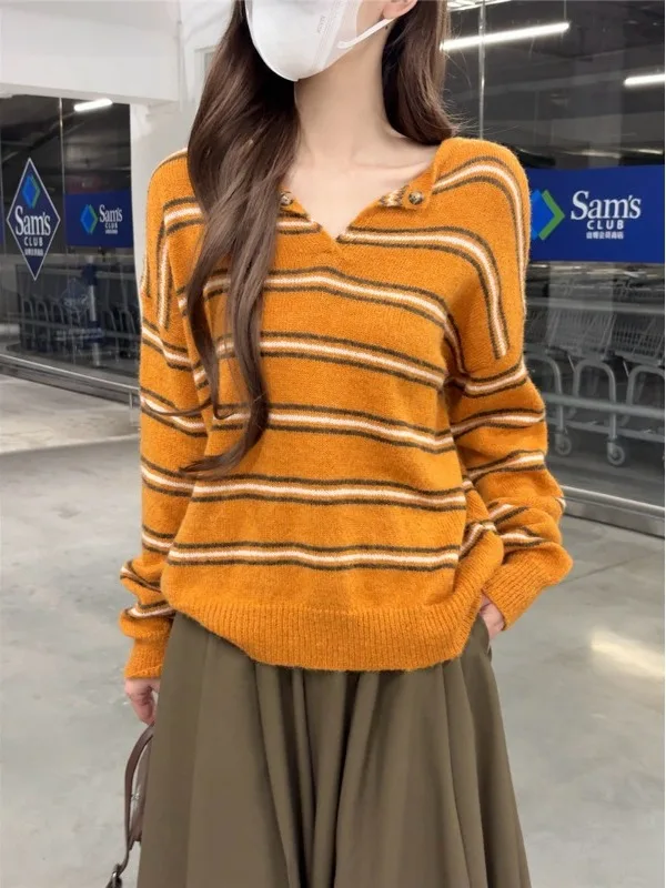 Suéter de punto suave de manga larga para mujer, estilo vintage informal y cómodo, hoado y adeazante, con rayas, para oto...