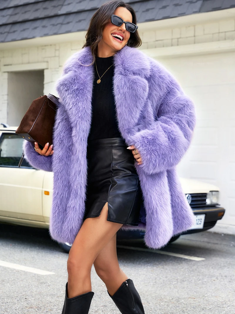 New Winter Plush Fur Coat Medium Long Turn Down Collar Women's Fashion Faux Fur Jacket 2026 Warm Outerwear Female Outdoor Coat