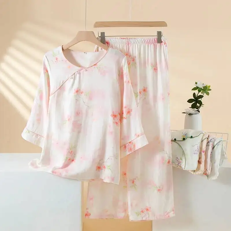 

Национальная одежда для сна из бамбукового волокна, одежда для женщин, весенне-осенние тонкие стильные длинные брюки с рукавами, дышащие пижамы