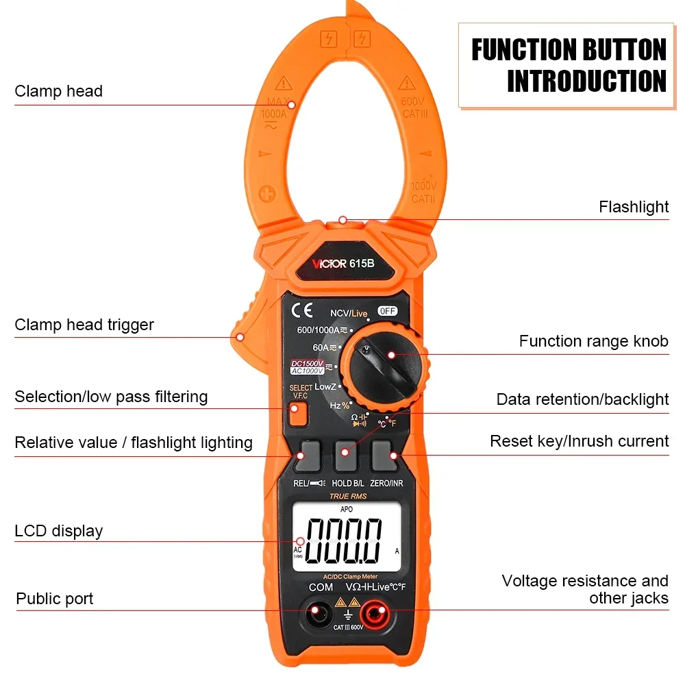 RUOSHUI Digital Clamp Multimeter 615B DC 1500V Intelligent Voltage Tester 6000 Counts Current Frequency Backlight NCV Ohm Meter