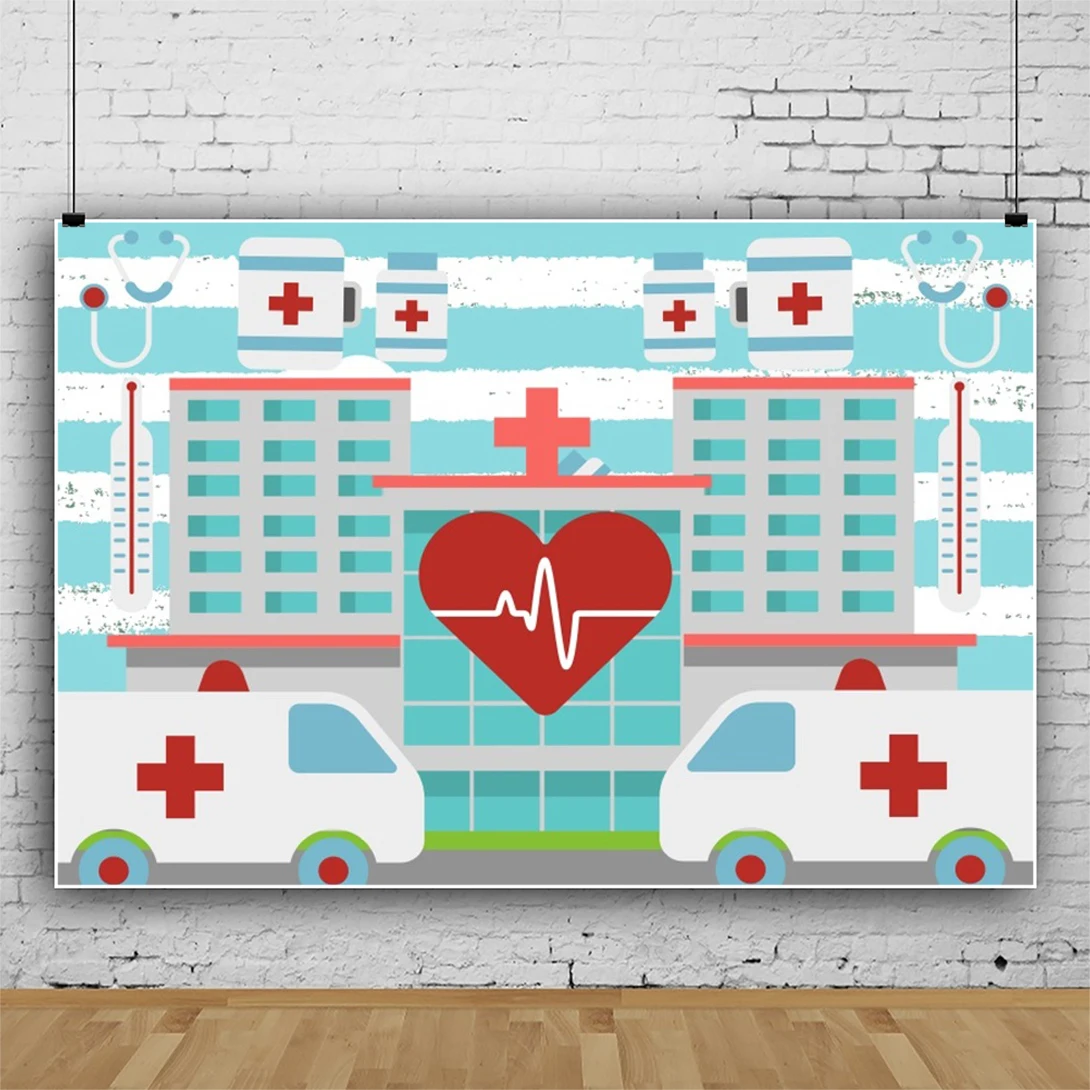 Laeacco Nurse Graduation Photography Backdrop Cartoon Ambulance Pill Hearing Aid Red White Cross Baby Shower Portrait Background