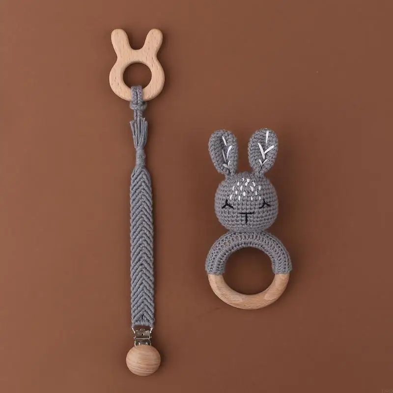 

Y88D 1 Set Newborn Shower Gifts Baby Rattle Beech Wooden Teether Pacifier Chain