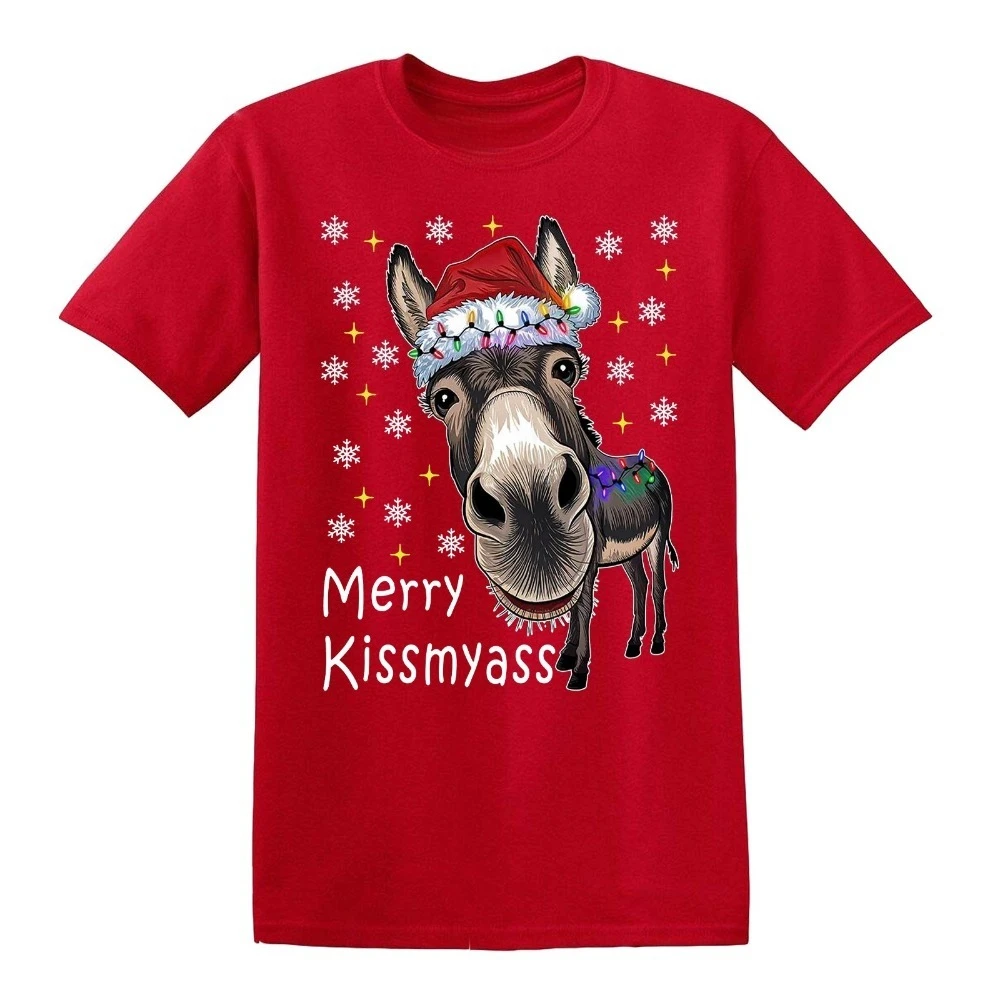 ميلاد سعيد KISSMYASS دونكي عيد الميلاد مضحك هدية الرجال عيد الميلاد التي شيرت نكتة المحملة قصيرة الأكمام عالية الجودة ملابس علوية من القطن الشارع الشهير
