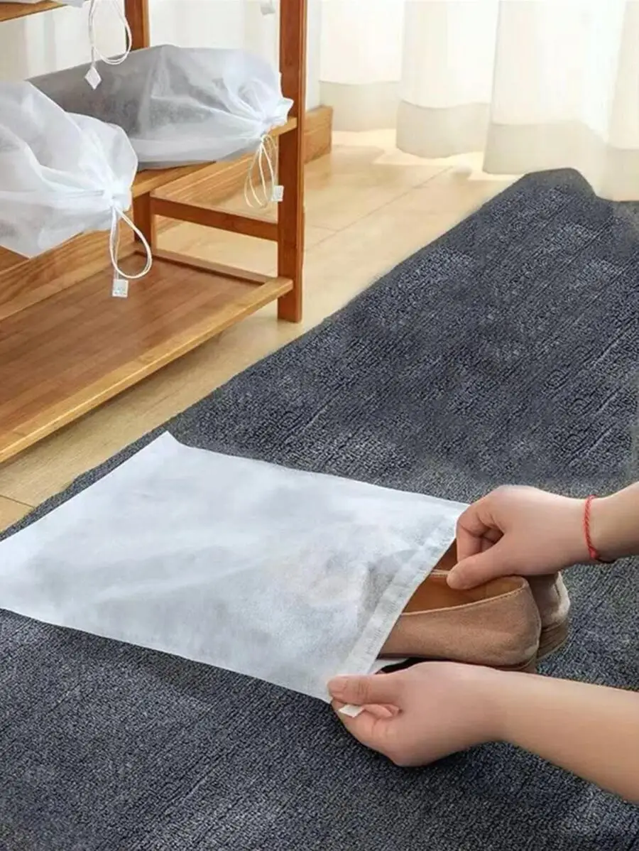 50pcs White Nonwoven Shoe Storage Bags 32x48cm Drawstring Dustproof Travel Organizer For Sneakers view 6