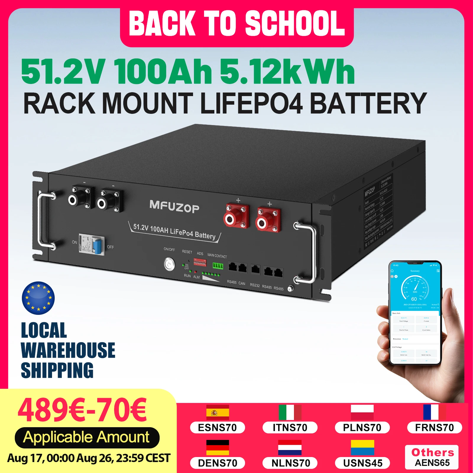DATOUBOSS 51.2V 100Ah Rack Mount LiFePO4 Battery 5.12kWh GradeA Cells Built-in BMS CAN/RS485 Communication with APP Bluetoooth