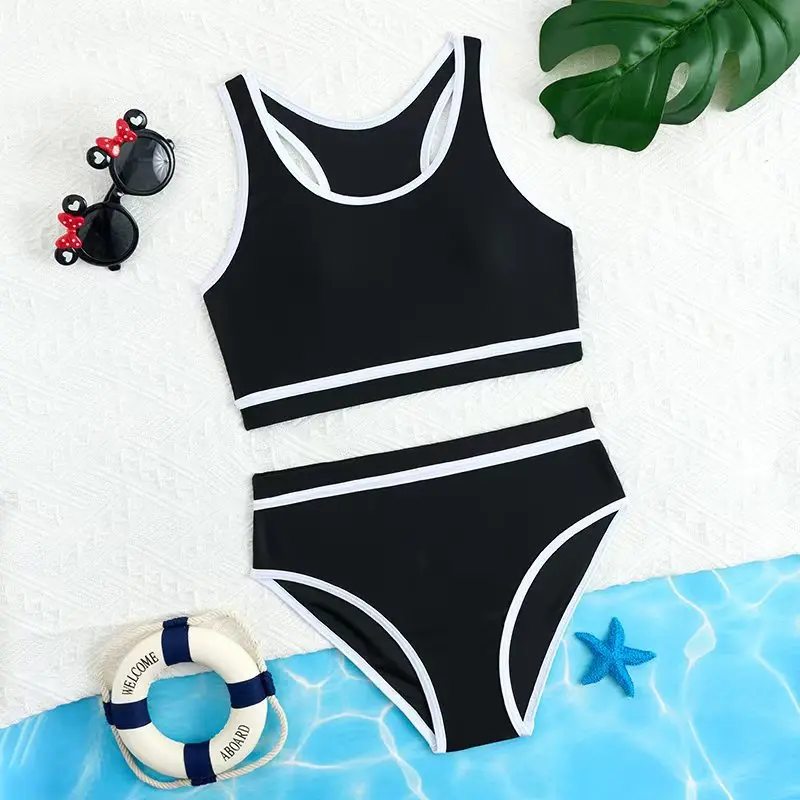 

2026 Black Girls Swimsuit High Waist Bikini Kids Swimwear Female Children's Bathers Bathing Swimming Swim Suit Summer Beachwear