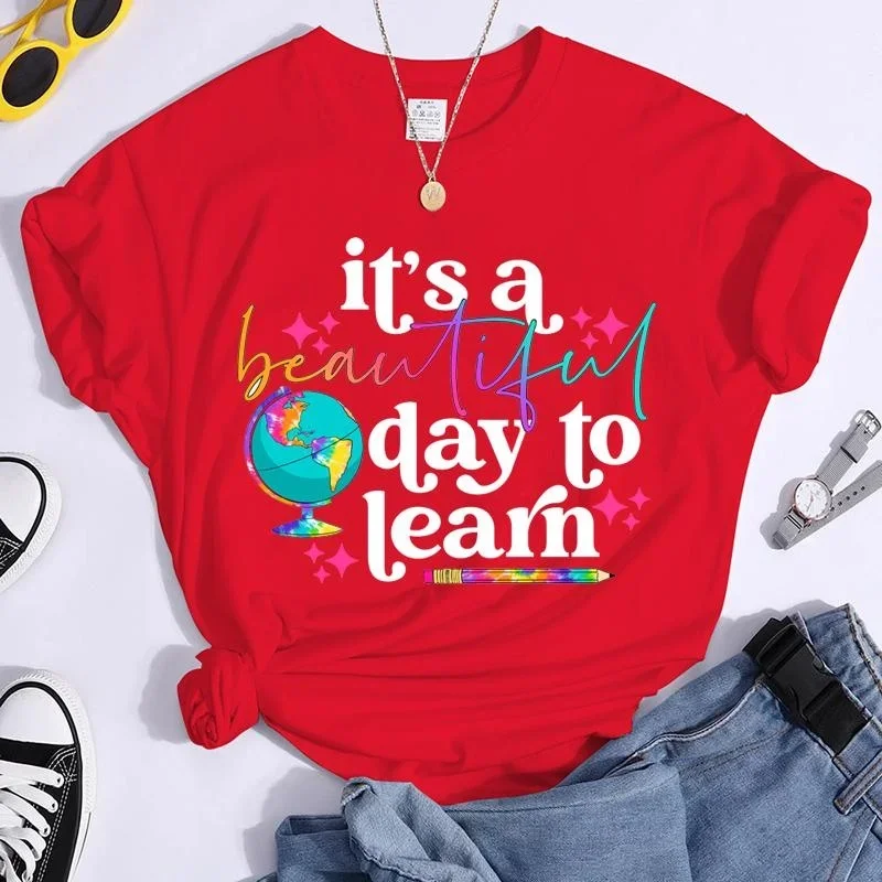 It\'s A Beautiful Day To Learn T-Shirts Summer Casual Round Neck Comfy Short Sleeve Shirt Teacher Appreciation Week Tees