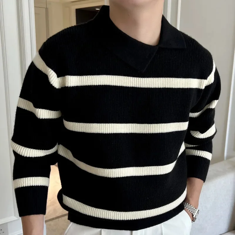 Mens Lapel Polo Sweater Simple Personality Contrast Stripes Knitted Pullover Herren Ropa De Hombre