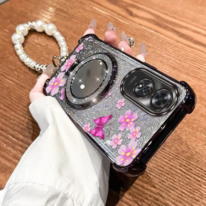 

A 60 Pink butterfly Plating Bracelet Holder Phone Case For OPPO A77S A57S A54 A74 A96 A60 A97 A94 A72 A77 A78 A38 A95 Cover